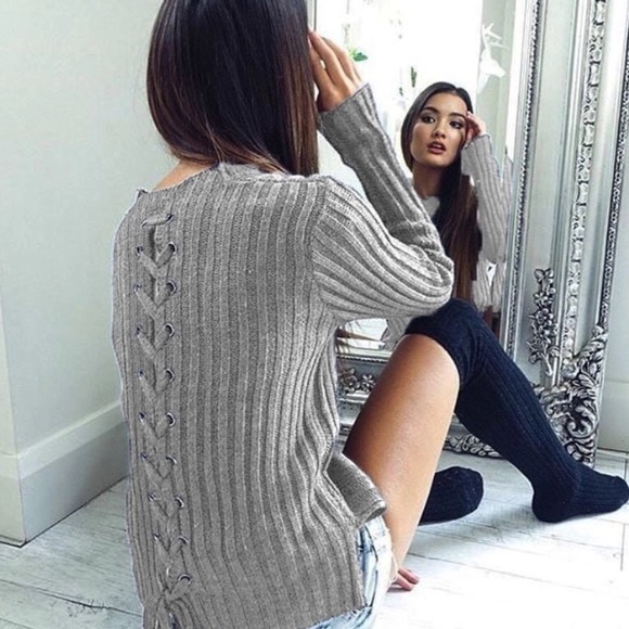Sweaters - Ribbed Knit Lace Up Grommet Back Sweater Top